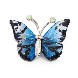 Butterfly Transparent Resin Brooch, Alloy Rhinestone Insect Brooch, Platinum, Deep Sky Blue, 36x47mm(JEWB-M047-01F)