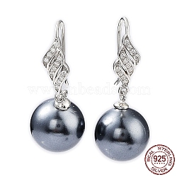 Cubic Zirconia Leaf with Shell Pearl Dangle Earrings, Rhodium Plated 925 Sterling Silver Jewelry for Women, Platinum, 32x12mm(EJEW-F318-01P)