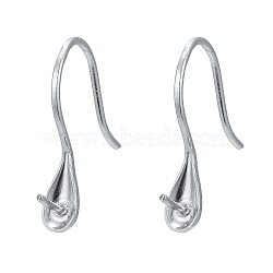 Anti-Tarnish Rhodium Plated 925 Sterling Silver Earring Hooks, with Cup Pearl Bail Pin for Half Drilled Beads, Platinum, 15x3.5x12mm, Bail 22 Gauge, Pin: 0.6mm, 21 Gauge, Pin: 0.7mm(STER-E041-14P)