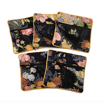 Retro Square Cloth Zipper Pouches, with Tassel and  Flower Pattern, Black, 11.5x11.5cm