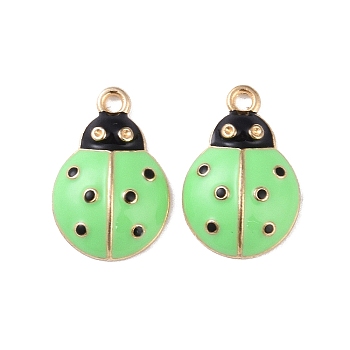 Alloy Enamel Pendants, Cadmium Free & Lead Free, Golden, Ladybug Charm, Light Green, 21.5x14x5mm, Hole: 2mm