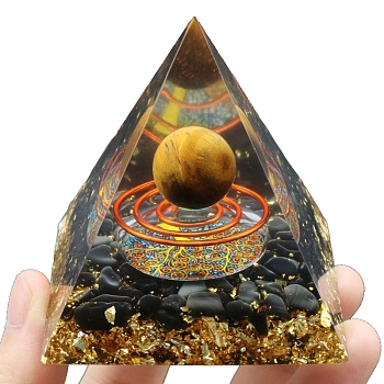 Resin Orgonite Pyramid, for Positive Energy Tower with Tiger Eye Healing Stones, with Radom Color Brass Finding, Office Home Decor, 60x60x60mm