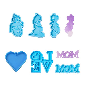 6Pcs 6 Style Mother's Day Theme DIY Pendants Silicone Molds, Resin Casting Pendant Molds, For UV Resin, Epoxy Resin Jewelry Making, Pregnant Woman & Word & Heart, Deep Sky Blue, 1pc/style
