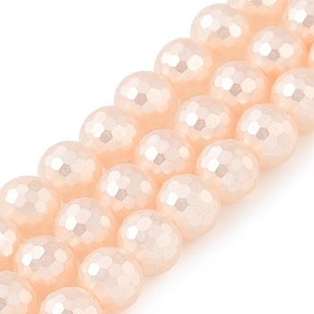 Electroplated Shell Pearl Beads Strands, Round, Faceted, PeachPuff, 9~9.5mm, Hole: 1.5mm, about 44pcs/strand, 15.91 inch(40.4cm)