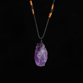 Natural Raw Amethyst Nugget Pendant Necklaces, Braided Cord Necklace for Women, 23-5/8 inch(60cm)