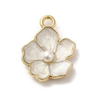 Flower Alloy Enamel Pendants, with Plastic Imitation Pearl Beads, Light Gold, WhiteSmoke, 17x14x4mm, Hole: 1.8mm