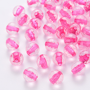 Transparent Acrylic Beads, Round, Faceted, Hot Pink, 12x11.5mm, Hole: 1.8mm, about 550pcs/500g