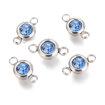 304 Stainless Steel Rhinestone Links Connectors, Flat Round, Stainless Steel Color, Capri Blue, 12x6.5x4mm, Hole: 2mm