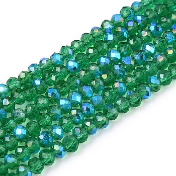 Electroplate Glass Beads Strands, Half Rainbow Plated, Faceted, Rondelle, Green, 2.9~3.3x2mm, Hole: 0.8mm, about 148~150pcs/strand, 39.5~40cm