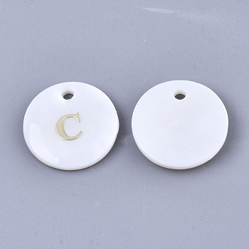 Natural White Shell Mother of Pearl Shell Charms, with Iron Sticker, Flat Round with Letter, Letter.C, 13x2mm, Hole: 1.5mm