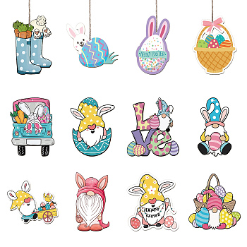 Easter Theme Wooden Pendant Decorations, Jute Cord Hanging Ornaments, Mixed Shapes, Mixed Shapes, 60~100x60~100mm, Hole: 3mm, 12style, 3pcs/style, 36pcs/set