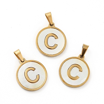 Vacuum Plating 304 Stainless Steel with White Shell Pendants, Golden, Flat Round with Letter Charm, Letter.C, 18x16x1.5mm, Hole: 3x6mm