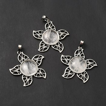 Natural Quartz Crystal Pendants, Rock Crystal Pendants, Flower Charms, with Rack Plating Platinum Tone Brass Findings, Cadmium Free & Lead Free, 38x37x7~7.5mm, Hole: 8x5mm