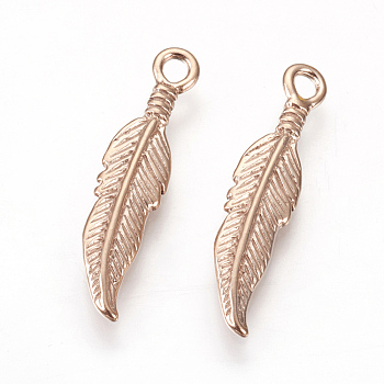 304 Stainless Steel Pendants, Feather, Rose Gold, 25.5x6x2.5mm, Hole: 2mm