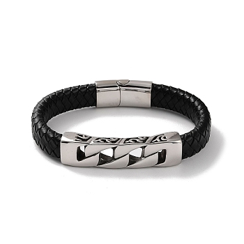 Men's Braided Black PU Leather Cord Bracelets, Hollow Rectangle 304 Stainless Steel Link Bracelets with Magnetic Clasps, Antique Silver, 8-3/4 inch(22.2cm)