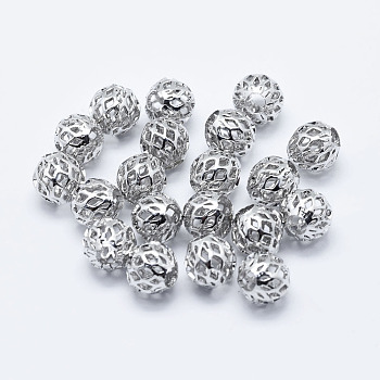 Brass Beads, Long-Lasting Plated, Real Platinum Plated, Nickel Free, Hollow, Round, 8mm, Hole: 3mm