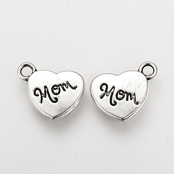 Mother's Day Theme, Tibetan Style Alloy Pendants, Heart with Word Mom, Cadmium Free & Nickel Free & Lead Free, Antique Silver, 15x17.5x2.5mm, Hole: 2.5mm