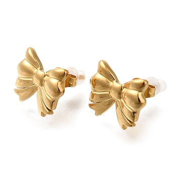 304 Stainless Steel Bowknot Stud Earrings, Golden, 12x15mm