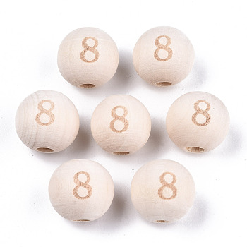 Unfinished Natural Wood European Beads, Large Hole Beads, Laser Engraved Pattern, Round with Number, Num.8, 15~16x14~15mm, Hole: 4mm