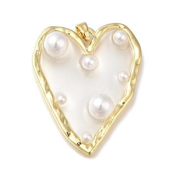 Rack Plating Brass Pendants, with Plastic Imitation Pearl, Long-Lasting Plated, Lead Free & Cadmium Free, Heart, Real 18K Gold Plated, 39x31x7mm, Hole: 4x3mm