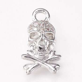 Brass Micro Pave Cubic Zirconia Charms, Skull, Platinum, 14x8x3mm, Hole: 1.8mm