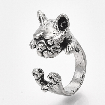 Alloy Puppy Cuff Finger Rings, Pug Dog, Antique Silver4, US Size 4 1/4(15mm)