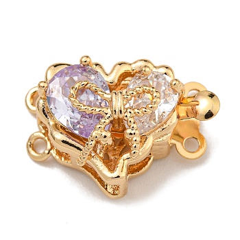 Brass Micro Pave Cubic Zirconia Box Clasps, Heart, Real 18K Gold Plated, 2-Strand, 4-Hole, Thistle, 12.5x18x9mm, Hole: 1.2mm