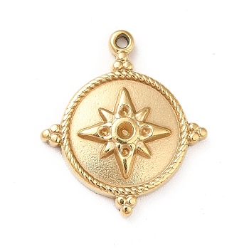 Ion Plating(IP) 304 Stainless Steel Pendant Rhinestone Settings, Flat Round with Star Pattern, Real 14K Gold Plated, Fit for 1mm Rhinestone, 17x15x2mm, Hole: 1mm