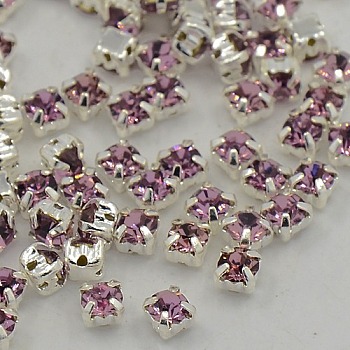Sew on Rhinestone, Grade A Glass Rhinestone, with Brass Prong Settings, Garments Accessories, Silver Color Plated Metal Color, Light Amethyst, 3~3.2x3~3.2mm, Hole: 1mm, about 1440pcs/bag