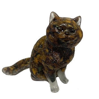 Resin Cat Display Decoration, with Natural Tiger Eye Chips inside Statues for Home Office Decorations, 60x70x75mm