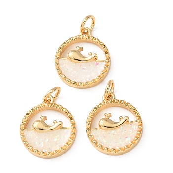 Brass Resin Pendants, Flat Round with Whale Charms, Long-Lasting Plated, Rack Plating, Lead Free & Cadmium Free, Real 18K Gold Plated, White, 15.5x13x3mm, Hole: 3.3mm