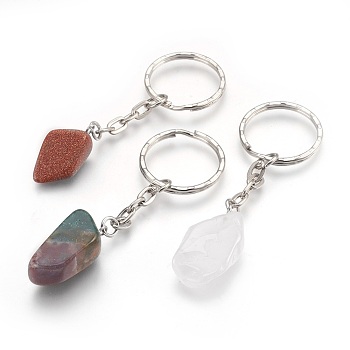 Natural Gemstone Keychain, with Iron Findings, Nuggets, Platinum, 75~79mm, Ring: 25x2.5mm, Pendant: 24~29x11~16x9~11mm