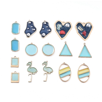Epoxy Resin Pendants, with Golden Tone Alloy Findings, Heart & Rectangle & Flamingo Shape & Flat Round & Oval & Triangle, Blue, 21.5~40x15~34.5x1.5~6.5mm, Hole: 1.6~3mm, 16pcs/set