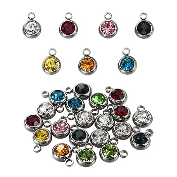 20Pcs 303 Stainless Steel Rhinestone Charms, Birthstone Necklace Charms, Flat Round, Stainless Steel Color, Mixed Color, 8.5x6x3mm, Hole: 1.5mm