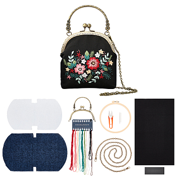 DIY Ethnic Style Flower Pattern Embroidery Crossbody Bags Kits, Including Kiss Lock Hoop with Handle, Plastic Imitation Bamboo Embroidery Hoop, Bag Chain Strap, Needle, Threads, Fabric, Scissor, Mixed Color