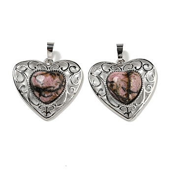 Natural Rhodonite Peach Love Heart Pendants, Rack Plating Brass Hollow Heart Charms, Cadmium Free & Lead Free, 29.5x30.5x7.5mm, Hole: 7.5x5mm