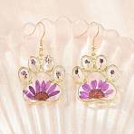 Alloy & Dried Flower Dangle Earrings, with Dipping Glue, Paw Print Shape, Golden, 47x27mm(AL-Z001-06G)