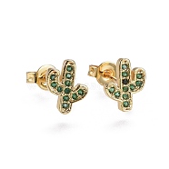 Brass Micro Pave Cubic Zirconia Stud Earrings, Cactus, Golden, Green, 9x7.5x1.7mm, Pin: 0.7mm(EJEW-L224-14G)