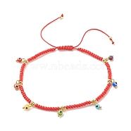 Glass Seed & Brass Braided Bead Anklet with Lampwork Evil Eye Charms, Adjustable Anklet for Women, Red, Inner Diameter: 2-3/4 inch(7cm)(AJEW-AN00484-02)