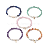 6mm Round Gemstone & Pearl Beaded Stretch Bracelets, Star 304 Stainless Steel Charms Bracelets for Women, Inner Diameter: 2 inch(5cm)(BJEW-JB10618)