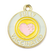 Zinc Alloy Pendants, Light Gold, Flat Round with Heart & Word Fully Vaccinated Charm, Gold, 23.5x20x1.5mm, Hole: 2.2mm(ENAM-I058-A08)