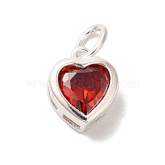 925 Sterling Silver Cubic Zirconia Heart Charms with Jump Rings, Silver Color Plated, Red, 9.5x7.5x3.5mm, Hole: 3mm(FIND-U013-10S-03)