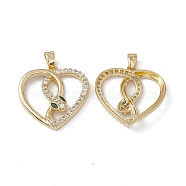 Brass Clear & Green Cubic Zirconia Pendants, Heart with Snake Charms, Real 18K Gold Plated, 22.5x21.5x4mm, Hole: 4.5x3mm(KK-E068-VA168-2)
