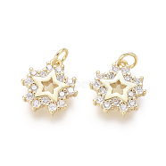 Brass Charms, with Clear Cubic Zirconia and Jump Rings, Star, Golden, 12x11x2mm, Hole: 2.5mm(ZIRC-L087-034G)