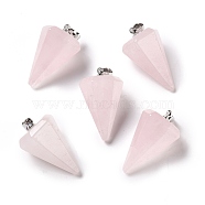 Natural Rose Quartz Pendants, with Platinum Tone Brass Findings, Faceted Cone, 25~28x15~16x13~14mm, Hole: 2x6mm(G-F714-02E)