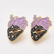 Golden Plated Creative Zinc Alloy Brooches, Enamel Lapel Pin, with Iron Butterfly Clutches or Rubber Clutches, Anatomical Heart Shape with Planet, Colorful, 29.5x22.5mm, Pin: 1mm(JEWB-Q031-004)