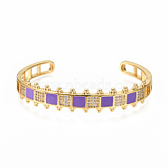 Brass Micro Pave Clear Cubic Zirconia Cuff Bangles, with Enamel, Nickel Free, Square, Real 16K Gold Plated, Dark Orchid, Inner Diameter: 2-3/8x2 inch(5.9x4.5cm)(BJEW-N302-006D-NF)
