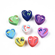 Handmade Polymer Clay Beads, Heart, Mixed Color, 8~11x9~10.5x4~5mm, Hole: 1.2~1.6mm(CLAY-N010-086B)