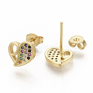 Brass Micro Pave Colorful Cubic Zirconia Stud Earrings, with Earring Backs, Heart, Real 16K Gold Plated, 8x9mm, Pin: 0.7mm(EJEW-S208-032)