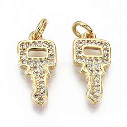 Brass Micro Pave Clear Cubic Zirconia Pendants, with Jump Rings, Nickel Free, Key, Real 16K Gold Plated, 16x8x2mm, Jump Ring: 5x0.8mm, 3.4mm inner diameter(ZIRC-S067-153-NF)